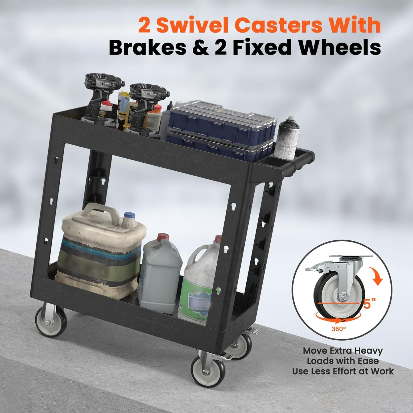 2 Tier Plastic Rolling Utility Cart on Wheels, Heavy Duty Tool Cart with Deep Shelves and 360° Swivel Wheels Holds up to 550 lbs, Service Cart for Garage, Warehouse, Cleaning