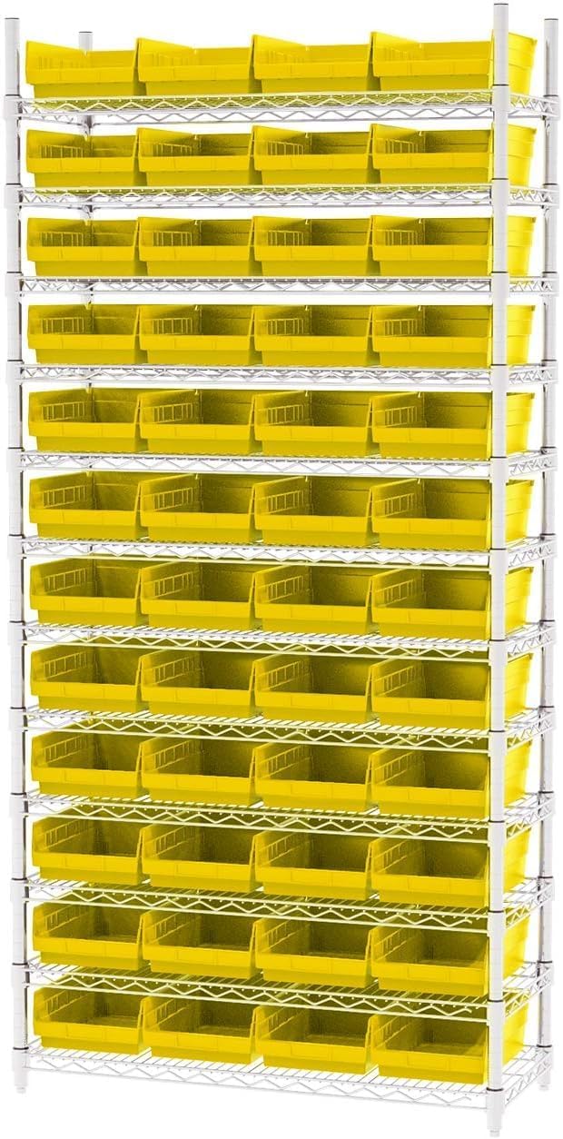 Akro-Mils 30150 Plastic Shelf Bins, Heavy Duty Storage Bins for Garage, Closet, and Drawer Organization, 12-Inch x 8-Inch x 4-Inch, Yellow, 12-Pack
