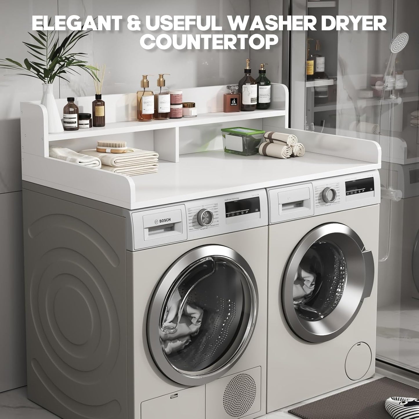 2-Tier Washer and Dryer Countertop with 2.75" H Guard,54" W x 27.5" D Laundry Countertop Cover with Non-Slip Pad,Large Space Laundry Topper for Folding Clothes Over Washer and Dryer-White