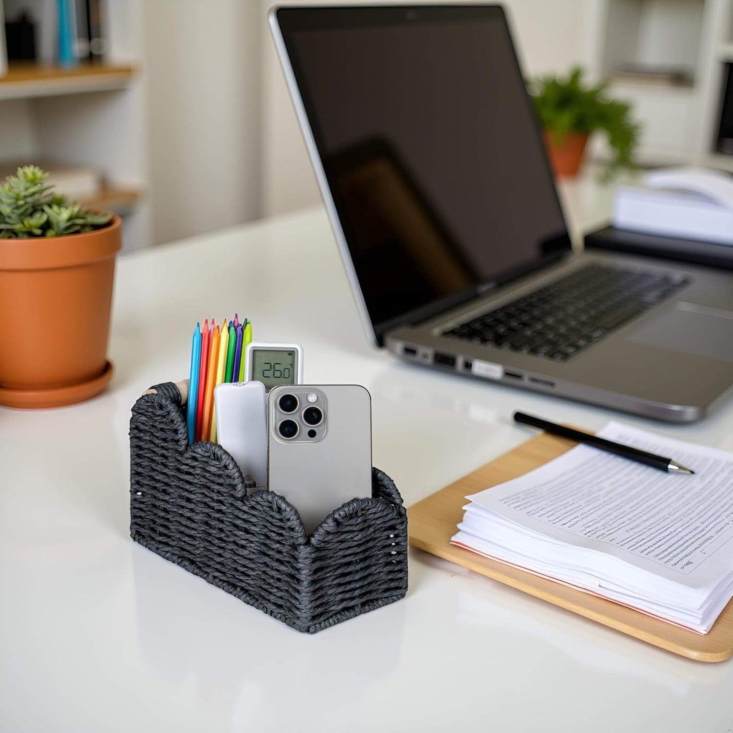 CubesLand Scalloped TV Remote Control Holder Bedside Organizer, Office Desk Caddy Storage Organizer Accessories, Pen Pencil Cup, Makeup Brush Holder, Fits Farmhouse Rustic Decor, Earth Friendly, Black