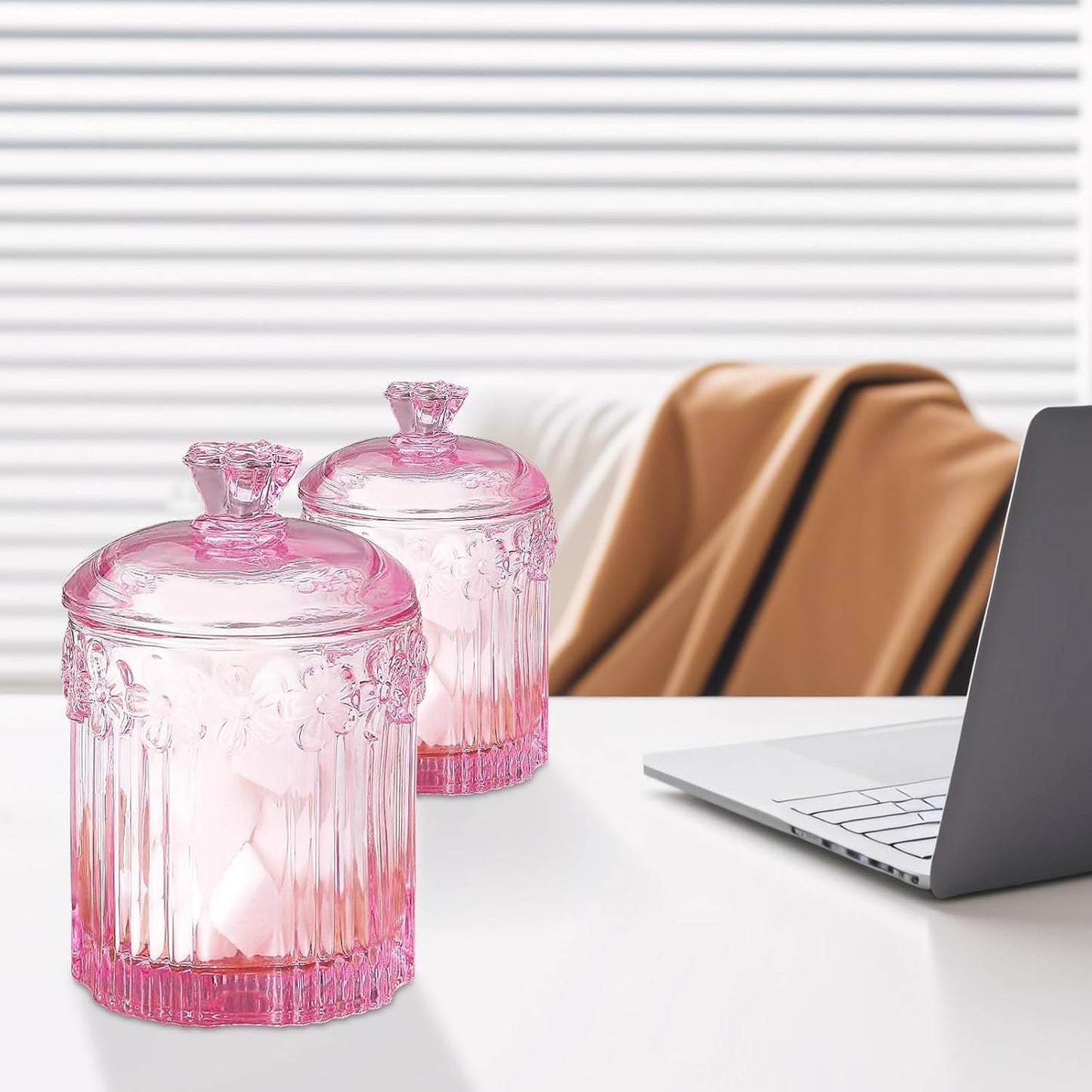 Pink Qtip Cotton Ball Hair Ties Candy Holder Makeup Storage Bathroom Accessories Organizer Thick Glass Apothecary Jars with Lid, 2pcs