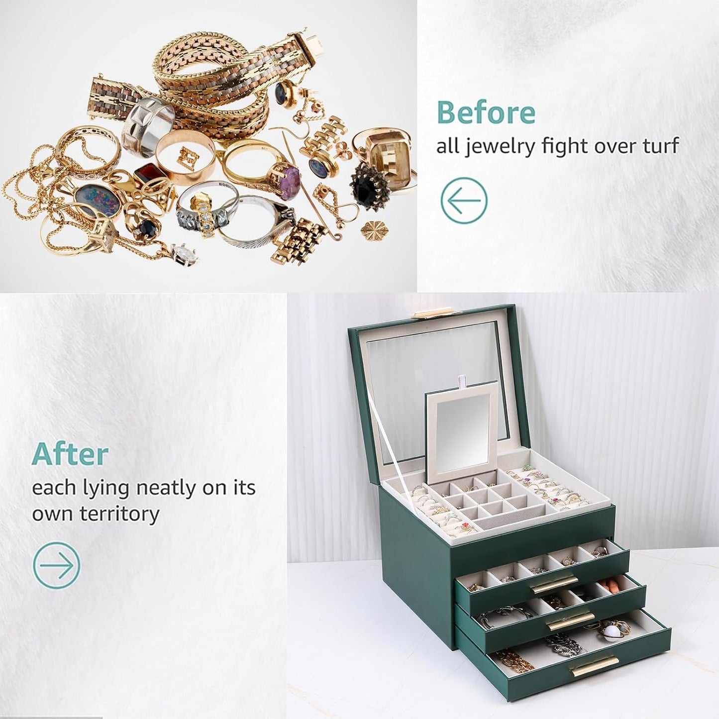 BOOVO Clear Lid Jewelry Box,4 Layers Jewelry Organizer Large Jewelry Storage Box with 3 Drawers,Jewelry Holder Organzier of Rings Earrings Necklace Bracelets for Women (Dark Green, 4 Layer)