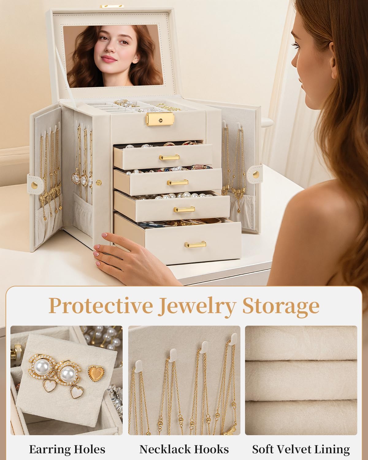 TORIBIO Jewelry Box for Women, Leather Jewelry Organizer with Mirror & Lock, 5-Tier Jewelry Storage Organizer with 4 Drawers for Girls/Women/Mothers, Necklace Earring Bracelets Holder Organizer