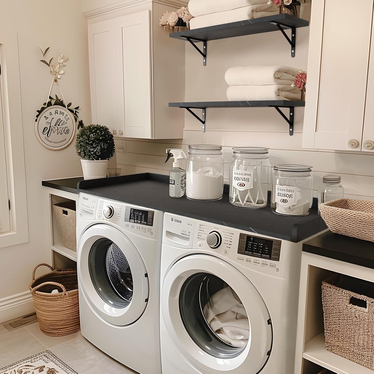 Kaboon Washer Dryer Countertop, Melamine Countertop with Edge Rails - 27.5" Depth x 54" Width Laundry Room Organization, Cloud Atlas/Black Marble Pattern
