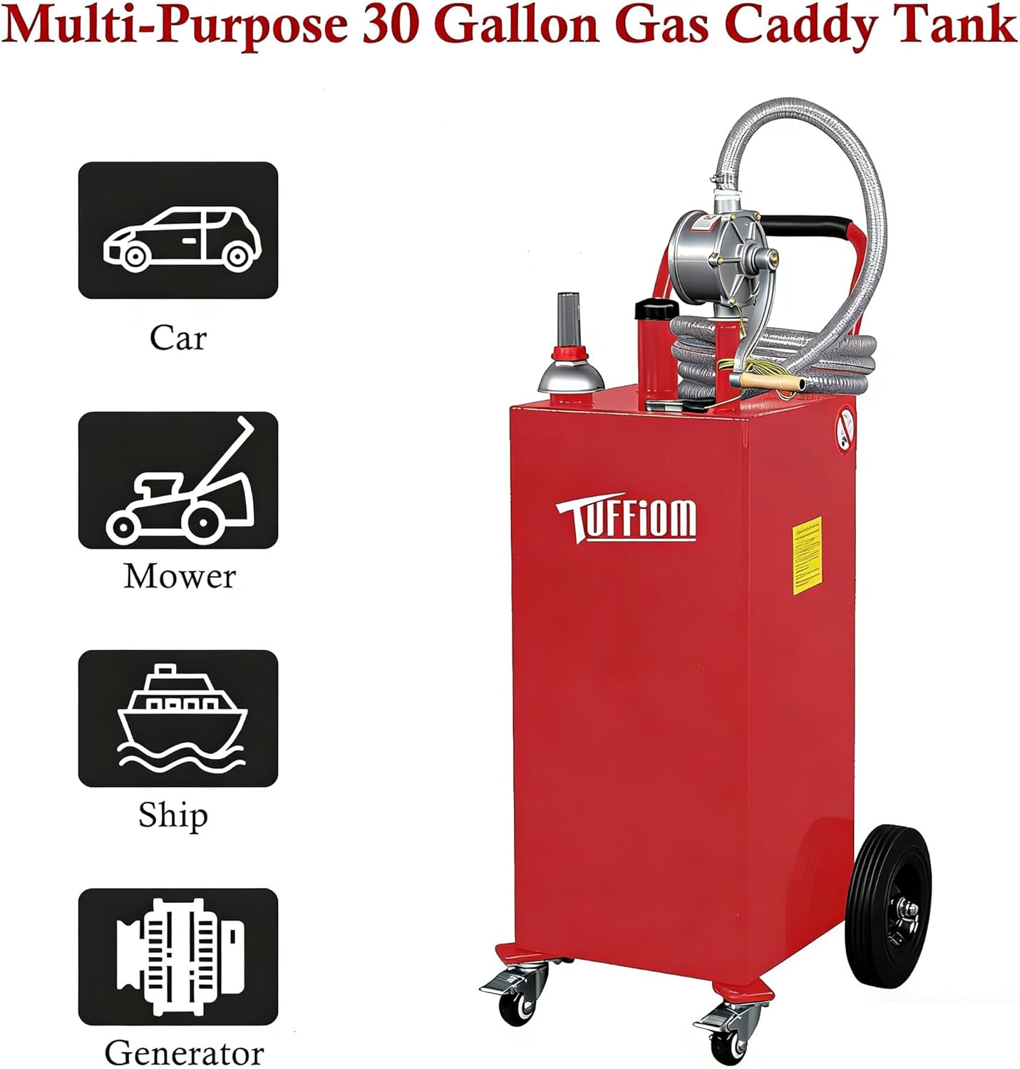 TUFFIOM 30 Gallon Portable Gas Caddy w/Swivel Wheels,Fuel Storage Tank, Gasoline Diesel Can with Fuel Transfer Rotary Hand Siphon Pump for Automobile ATV Car Mower Tractor Boat Motorcycle