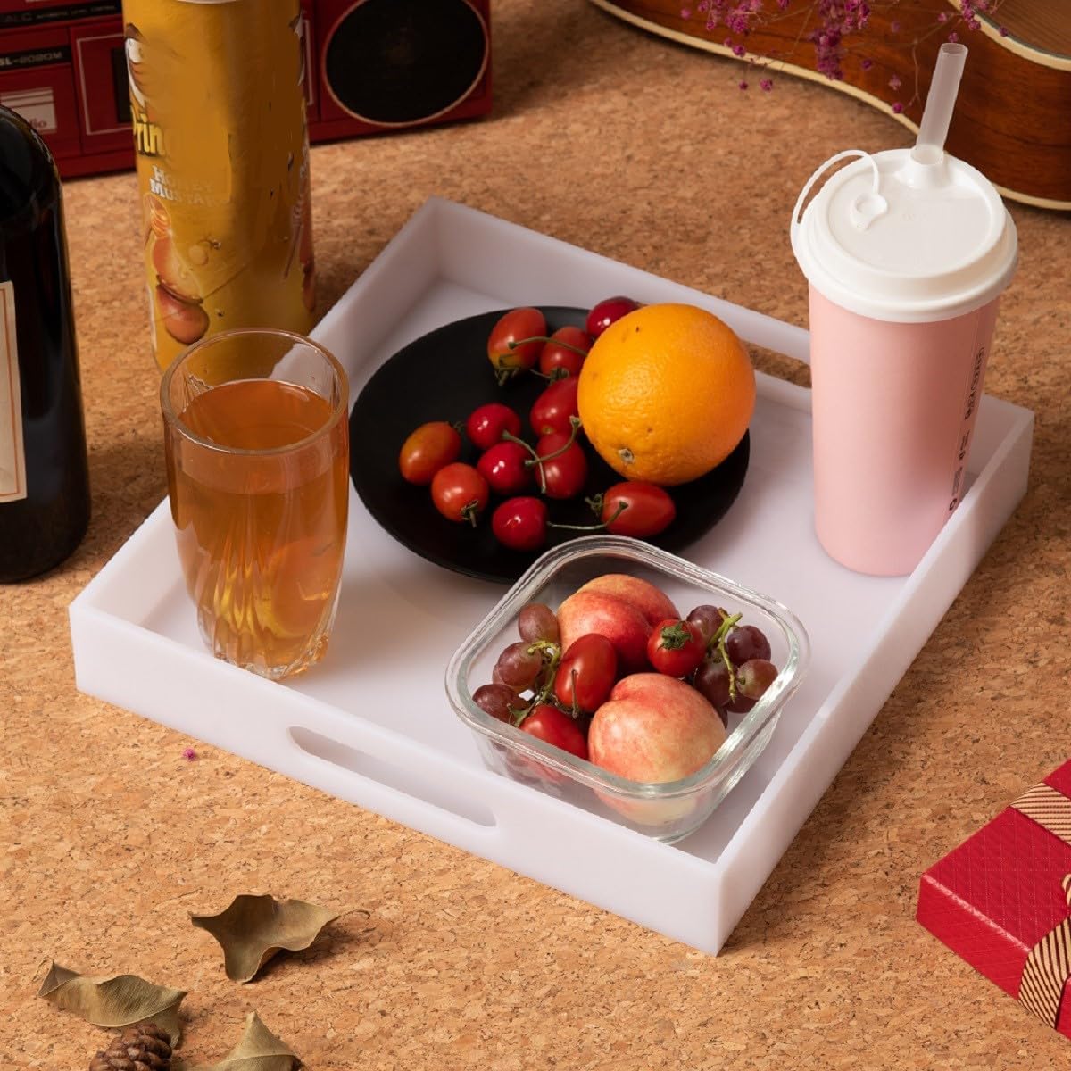 Glossy White 21"X21"X2" Decorative Tray Extra Large Sturdy Acrylic Serving Tray with Handles Countertop Organizer Tray for Ottoman Kitchen Bathroom Office Bar Decorative Tray