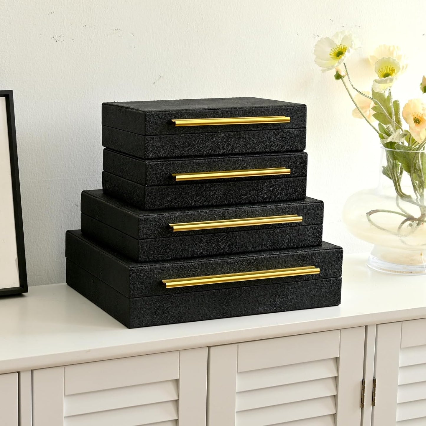 Faux Shagreen Leather Jewelry Boxes Set of 4 with Gold Handles, Stackable Decorative Storage Organizer for Rings, Earrings, Vanity, Dresser, Black