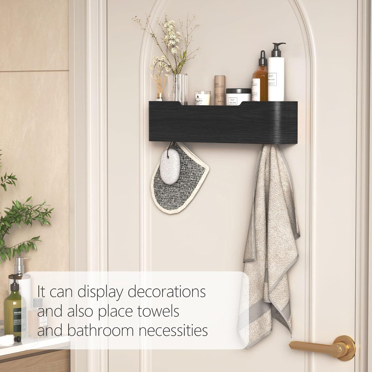 Coat Rack Wall Mount with Hidden Hooks Modern Key Holder Wood Entryway Hook with Shelf for Bedroom Kitchen Hallway Bathroom Designed for Hanging Coats Hats Bags Towels Dog Leashe(Black,4 Hooks)