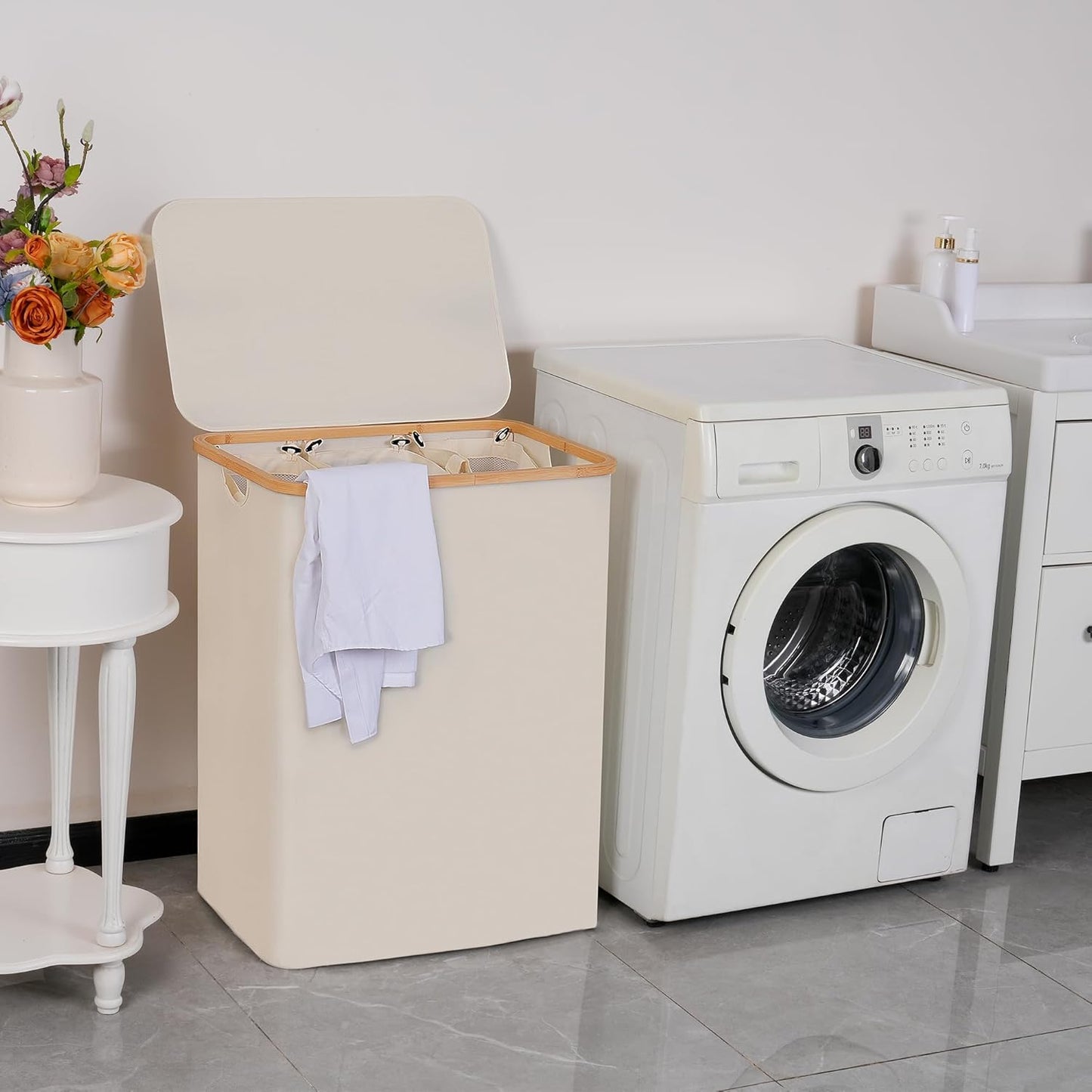 efluky Laundry Hamper with Lid, Trio Laundry Hamper with 3 Removable Bags, 3 Section Laundry Basket with Bamboo Handles for Bathroom, Bedroom & Laundry Room, 160L Beige
