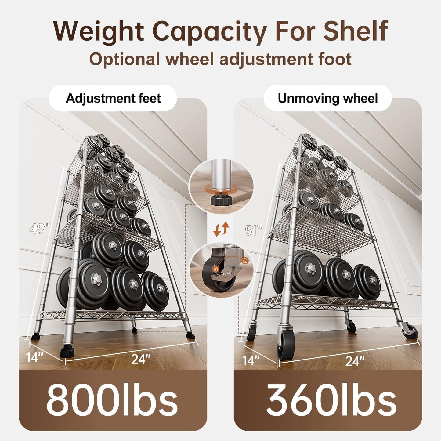 4 Tier Shelves Storage Shelf Wire Closet Bathroom Organizers Metal Pantry Kitchen Garage Shelving Unit Laundry Room Organization Home Rack Net Basket White with Wheels 14”D X 24”W X 48.9”H