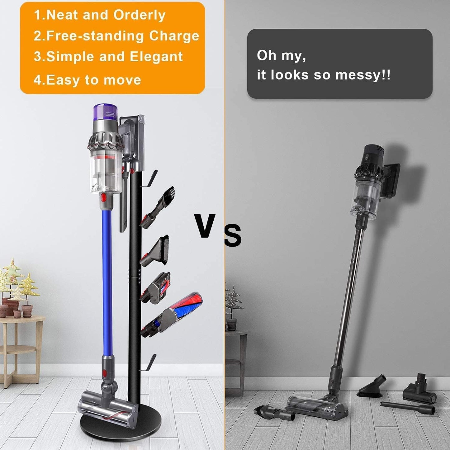 Storage Stand Holder Compatible with V15 Detect V11 V10 V8 V7 V6 Cordless Vacuum Cleaners and Accessary, Floor Docking Station Metal Organizer Bracket with 6 Hooks,Black
