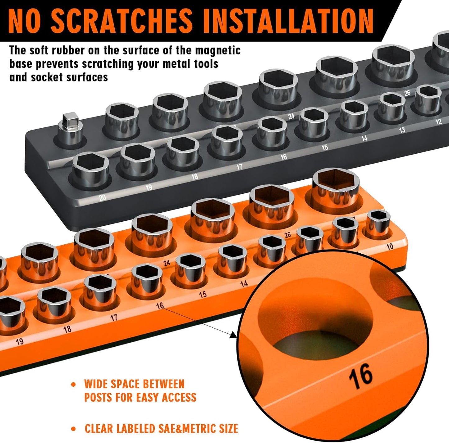 Magnetic Socket Organizer Holder Set – 8-Piece Tool Organizers Including 1/4", 3/8" and 1/2" Drive Socket Holder Metric & SAE 207 Pieces Socket Trays (Sockets are not Included)
