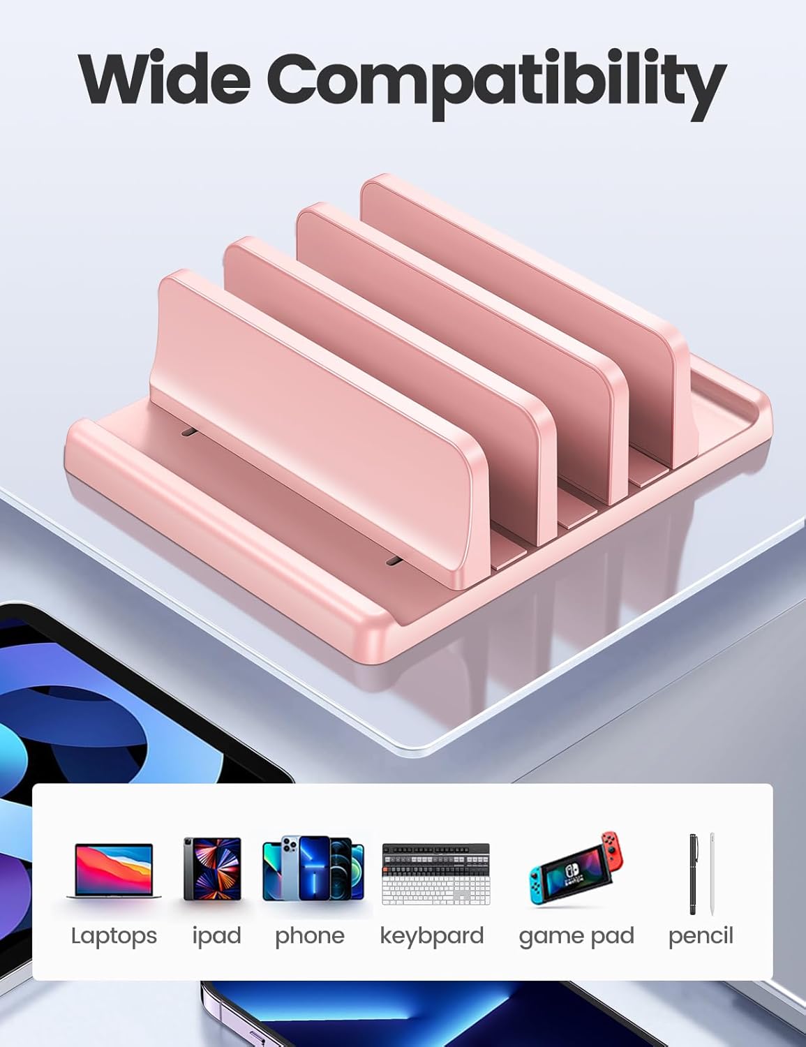 Vaydeer 3-Slot Vertical Laptop Stand Made of Premium ABS Plastics 5 in 1 Design Space-Saving Adjustable Desk Organizer for All MacBook/Chromebook/Surface (Pink)