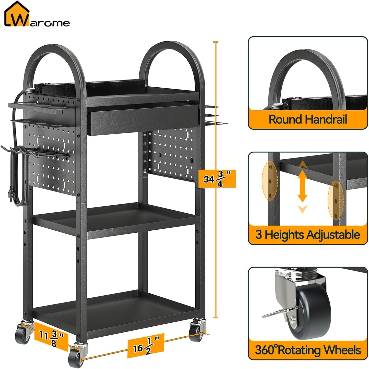 Warome Power Tool Organizer Cart, Dual-Sided Drawer Tool Storage Rack on Wheels with 8-Outlet Charging Station & Pegboard Accessaries, Utility Rolling Cart for Garage Workshop Organizers and Storage