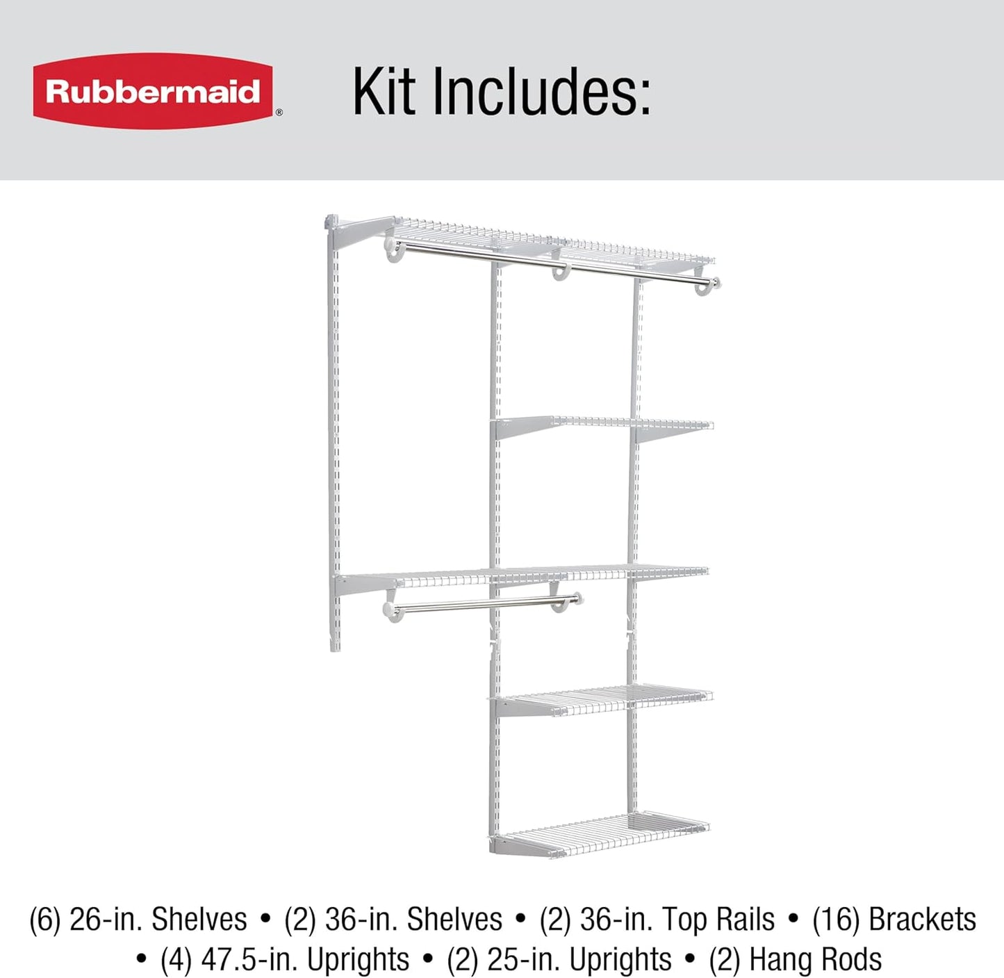 Rubbermaid Configurations Deluxe Custom Closet Kit 4-8Ft. Adjustable Metal Wire Shelving White Finish Expandable Organization System Hardware Included for Home Closet/Pantry/Laundry/Mudroom