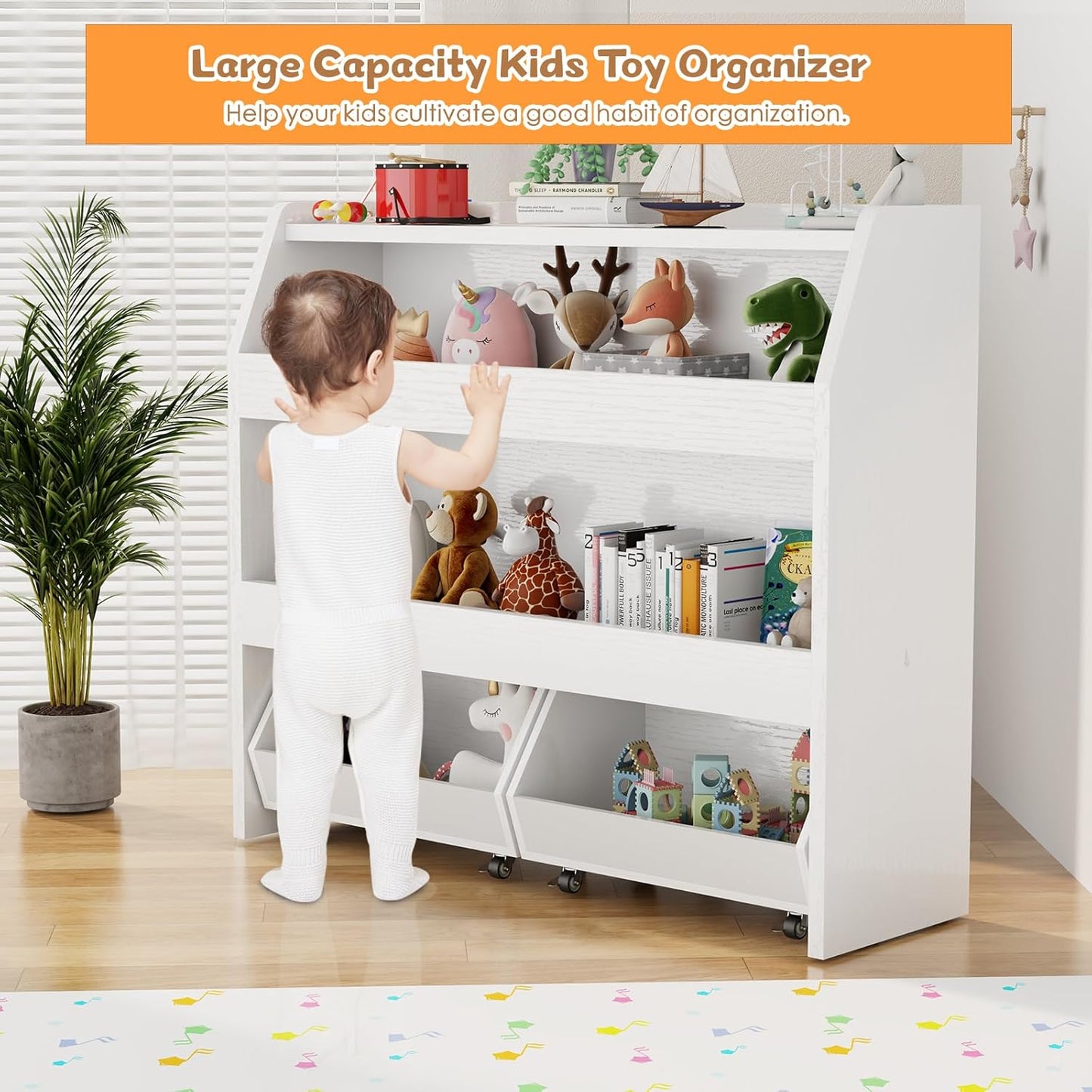 COZPAW Toy Storage Organizer, 3 Tier Montessori Shelf with Movable Bins, Toy Organizers Book Shelf for Kids Room, Playroom, Nursery (White)