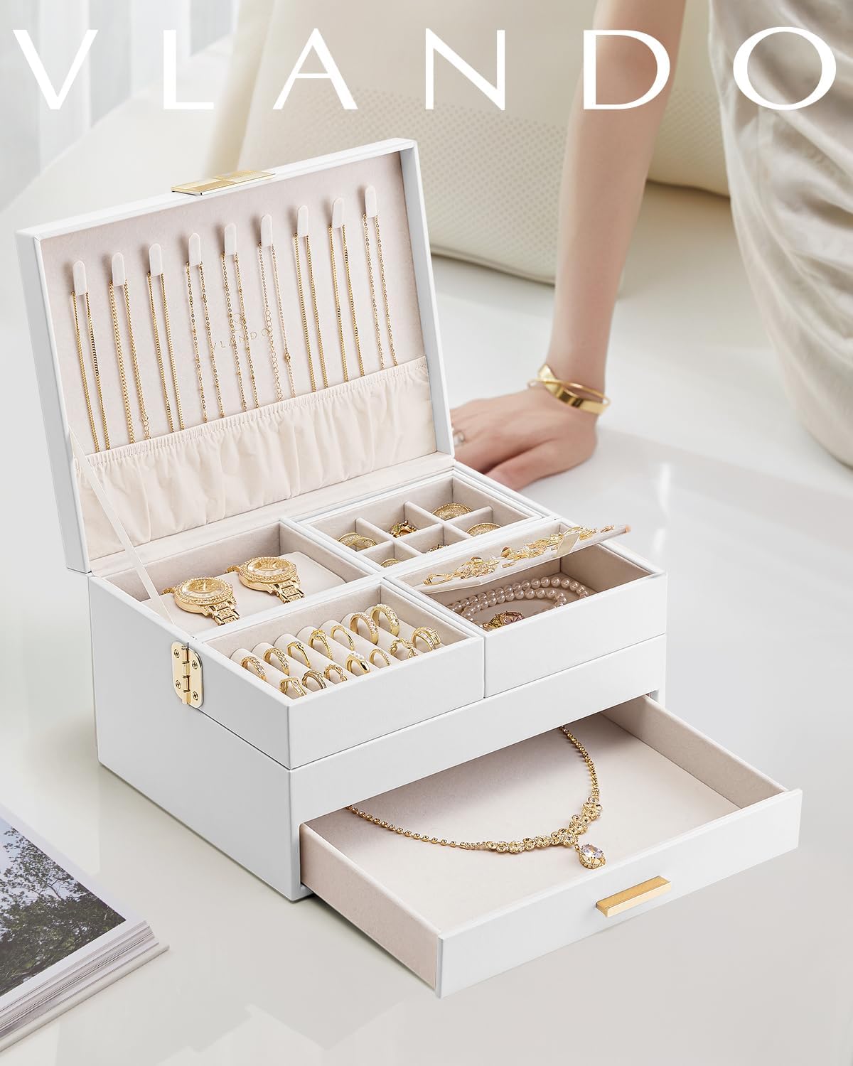 Vlando 3 Layer Jewelry Box - Women Jewelry Box with Retractable Tray - Jewelry Organizers with Drawer for Necklaces, Rings, Bracelets, Earrings, Gift for Couples Mom Girls - White