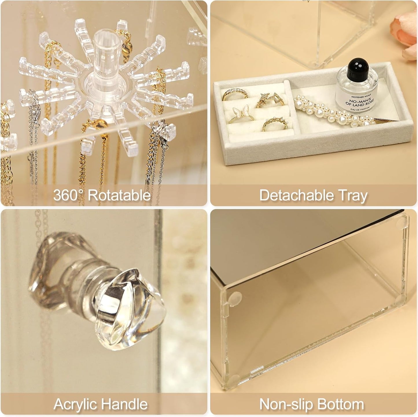 Acrylic Jewelry Organizer with Mirror - 24 Rotating Hooks, Velvet Tray for Necklaces, Rings & Earrings - Clear Necklace Holder Organizer, Rotating Jewelry Box, Elegant Necklace Jewelry Box for Women