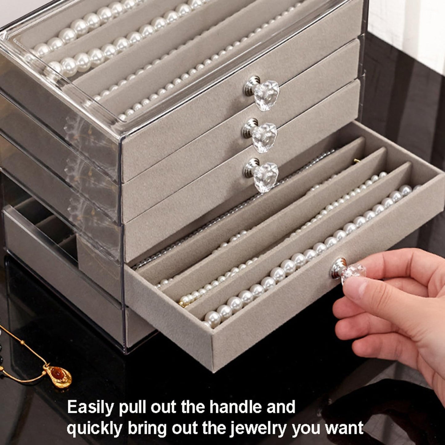 SPAKOWN Necklace Organizer Box, Velvet Necklace Box Holder Tray with Clear Lid Chains Showcase Stackable Necklace Storage for Pendant Bracelet (5 Drawers - Grey)