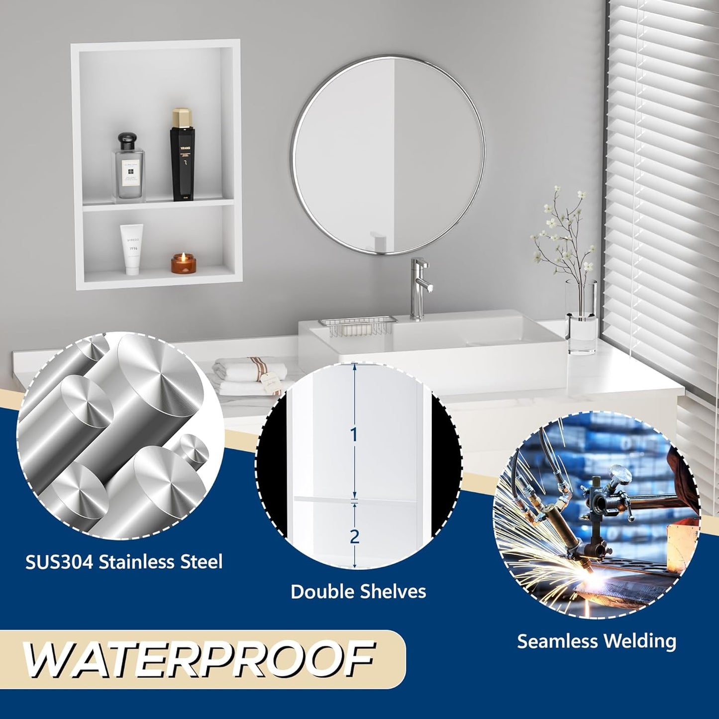 Stainless Steel Shower Niche 18" X 12", No Tile Needed Wall Niche Double Shelves, Recessed Shower Shelf for Bathroom Storage, Matte White