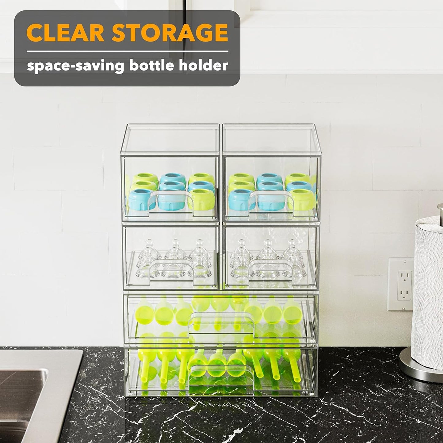 SpaceAid Bottle Storage Organizer Baby - Acrylic Bottles Station Organizer Container, Stackable Clear Drawers for Countertop, Vanity, Bathroom, Cabinet, Pantry Organization, 6 Pack, 4S2L, 15.6"H