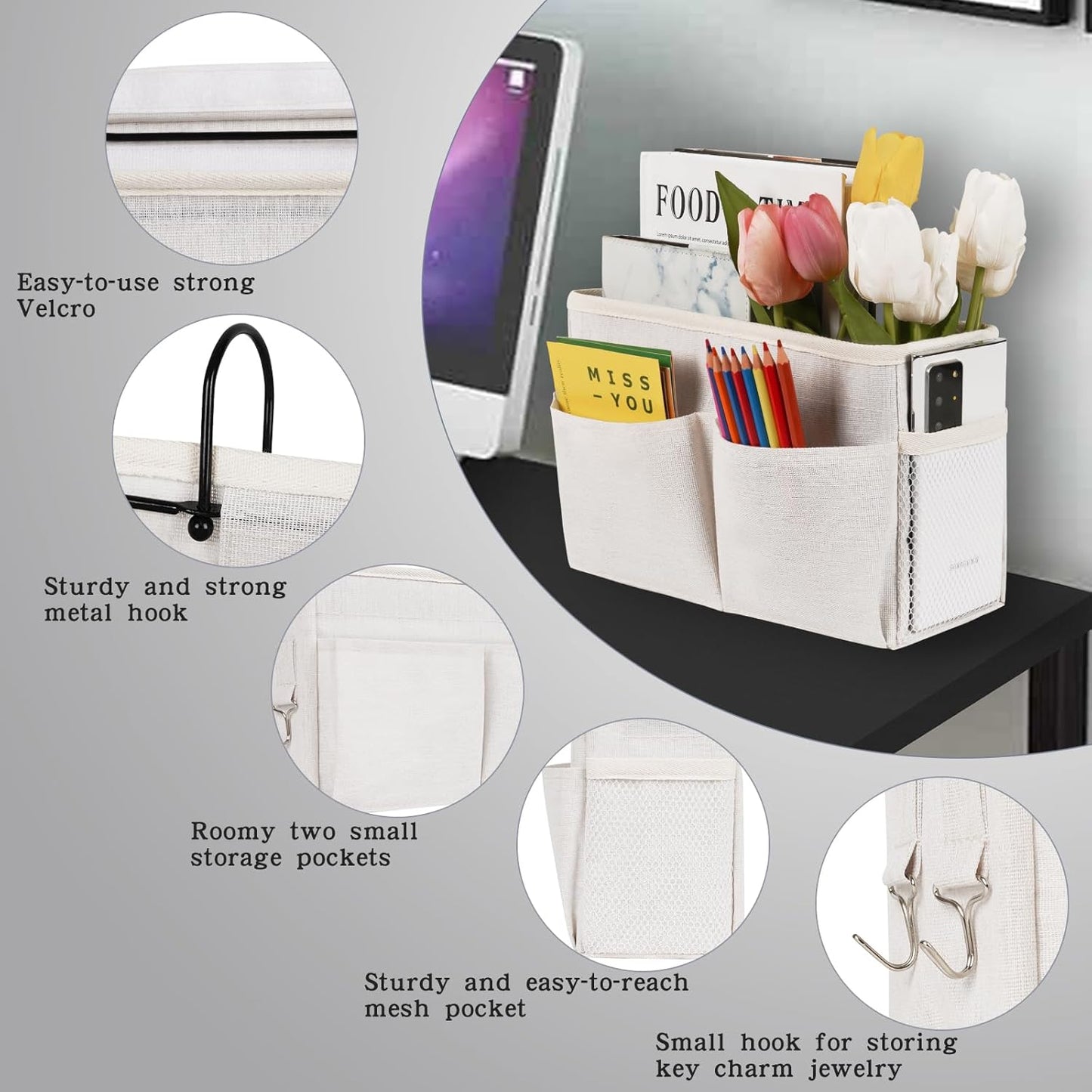 Bedside Caddy White Bedside Hanging Storage Basket Bed Caddy for Headboards Bunk Dorm Rooms Crib Beds Rails Organizer (White)