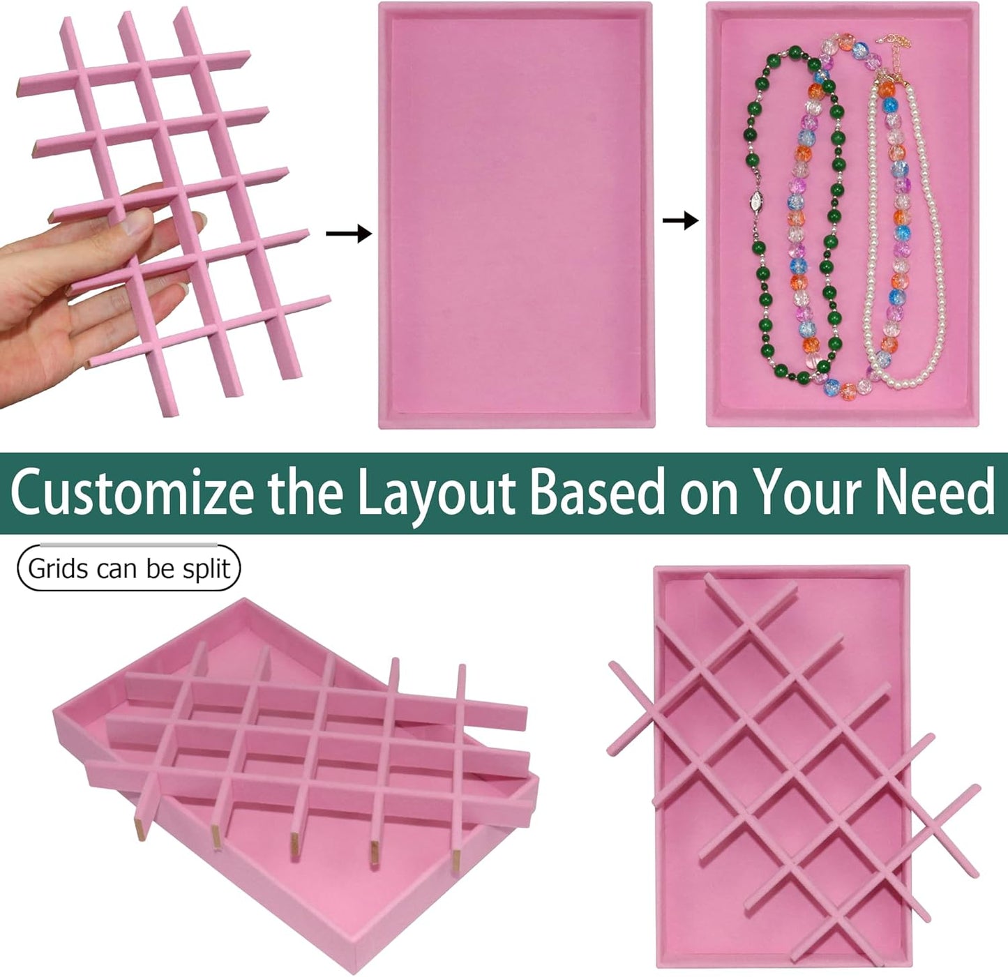 24-Grid Stackable Jewelry Organizer Tray Velvet Jewelry Storage Holder for Drawer Inserts Jewellery Display Box Case for Women Earring Rings Stud Necklaces (Set of 8, Pink