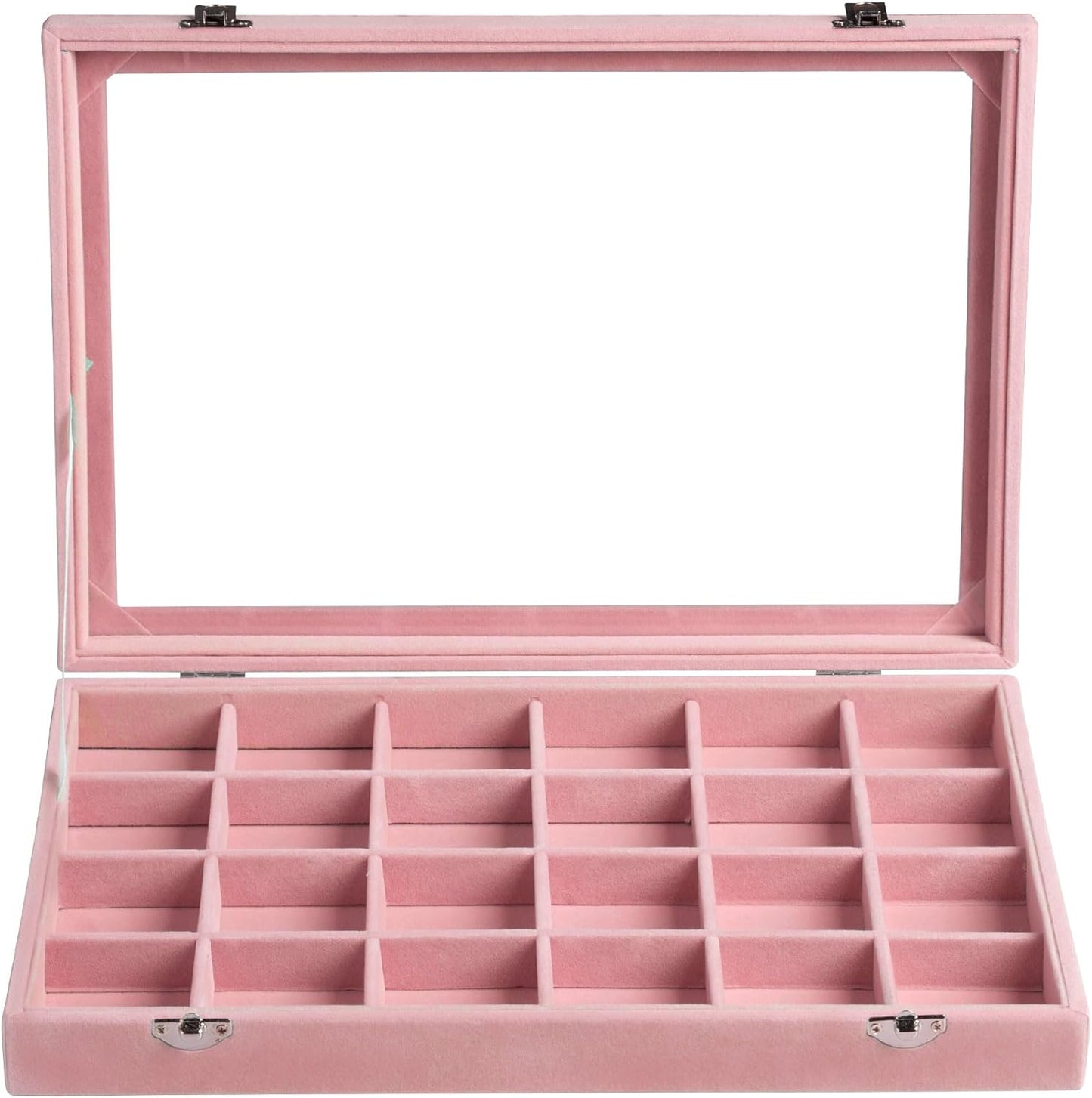 Frebeauty Jewelry Organizer Tray with Clear Lid 24 Grid Velvet Drawer Insert Jewelry Storage box with Transparent Glass lid Jewelry Display Case with Lock Gifts for Girls Women (Pink, 24 Grid)