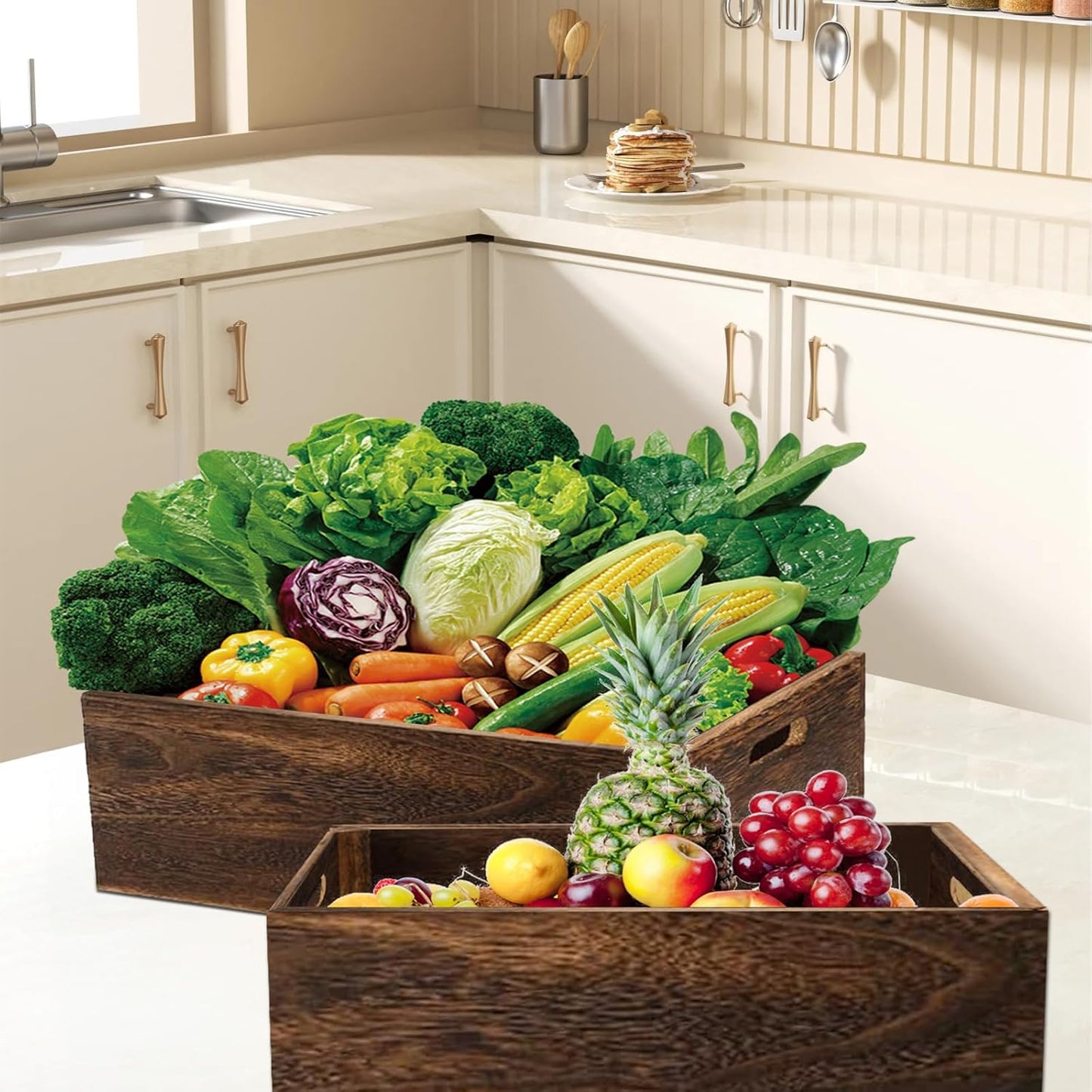 Set of 3 Wood Crate Box, Wood Nesting Storage Crates with Handle, Rustic Decorative Farmhouse Wooden Crates, Handmade Natural Solid Wooden Box for Closet Shelf and Kitchen Storage