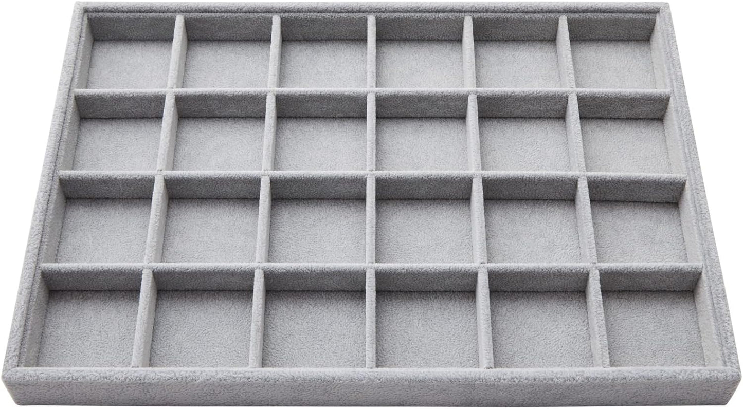 Juvale Velvet Jewelry Organizer Tray - Earring Tray Insert with 24 Compartments - Stackable Jewelry Drawer Organizer - Includes Bracelet Holder Slots - Gray, 14 x 10 in