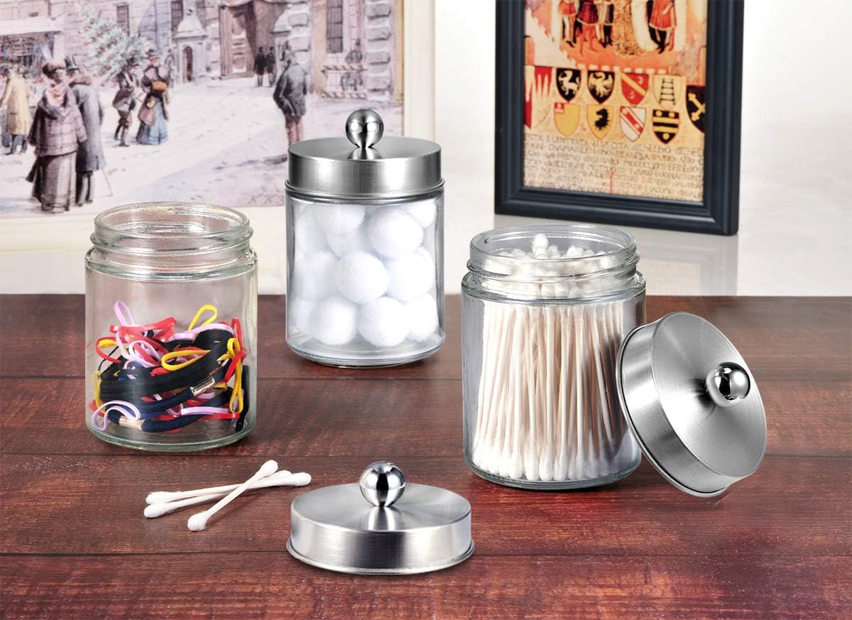 Amolliar Apothecary Jars Bathroom Vanity Organizer -Countertop Canister Jar with Storage Lid - Qtip Dispenser Holder Glass for Qtips,Cotton Swabs,Makeup Sponges,Hair Band - Brushed Nickel (2 Pack)