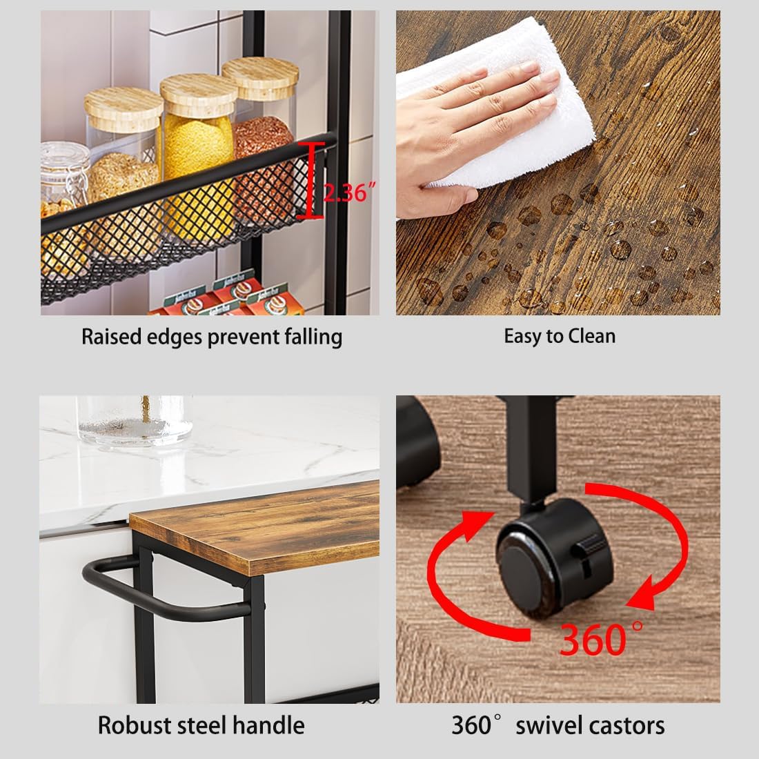 AZERPIAN Slim Rolling Cart 4 Tier Narrow Storage Cart on Wheels with MDF Board Top and Metal Handle for Small Space Kitchen Living Room Bathroom Laundry Room (16.38 x 9.06 x 30.31inch)