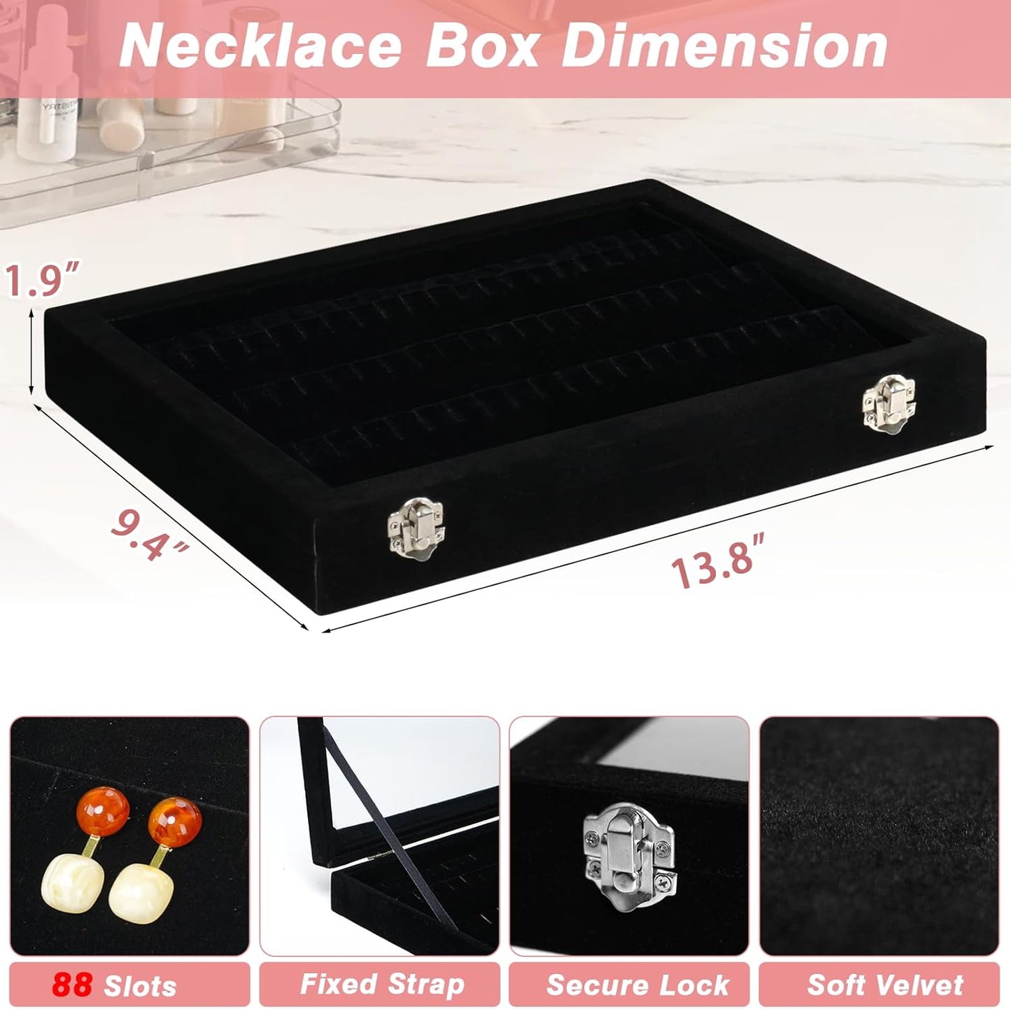 Cirhy Earring Organizer Tray, Earring Box with Clear Lid 80 Slots Velvet Drawer,Earring Tray with Lock, Jewelry Display Case for Women Girls, Black