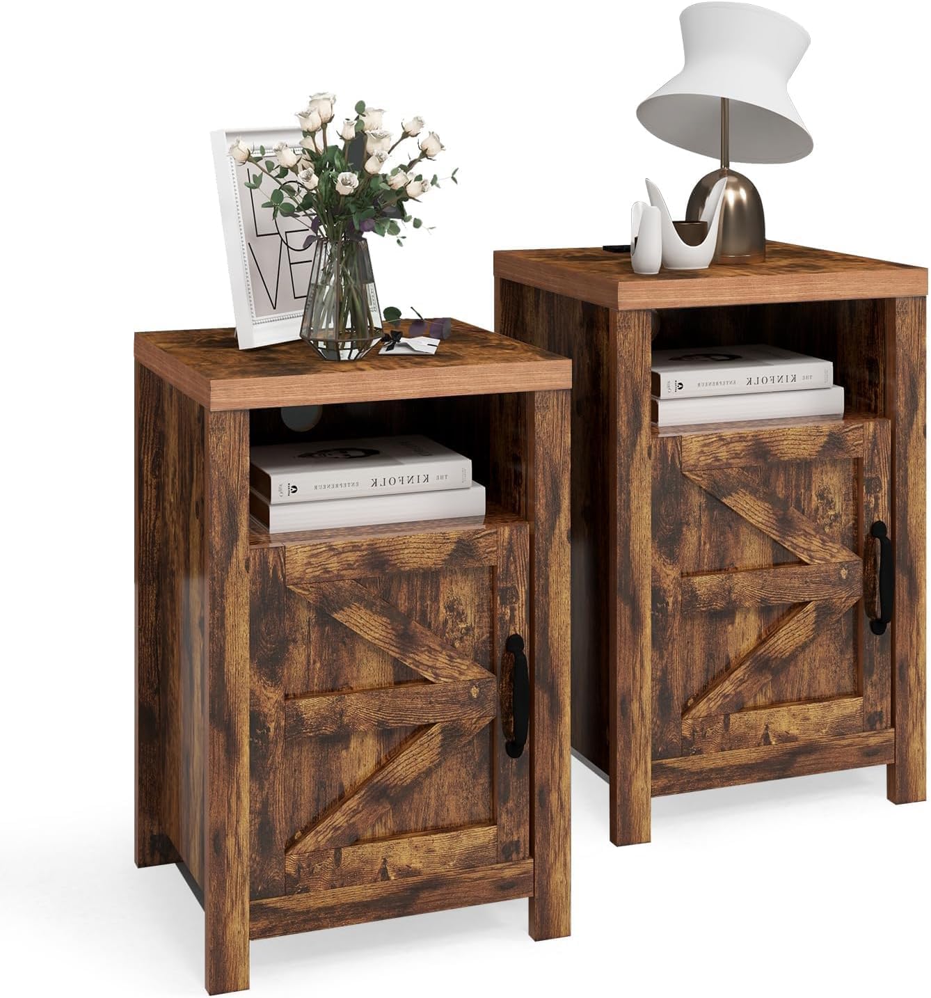 Farmhouse Nightstand with Charging Station, Couch Side Table Set of 2, Bedside Table with Storage Space, End Tables with Barn Door, Bed Side Tables for Living Room and Bedroom, Rustic Brown
