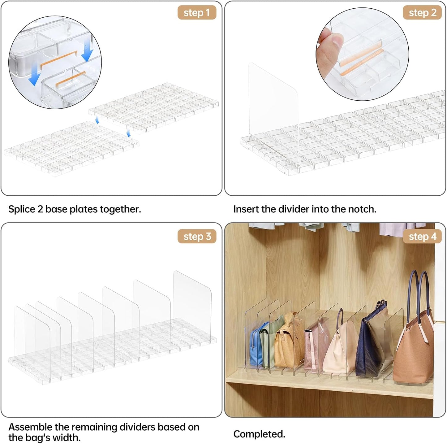 Purse Organizer for Closet, Stackable Handbag Storage Shelf, Adjustable Clear Shelf Dividers, Keep Clutch, Bag, Pocketbook Upright, for Bedroom