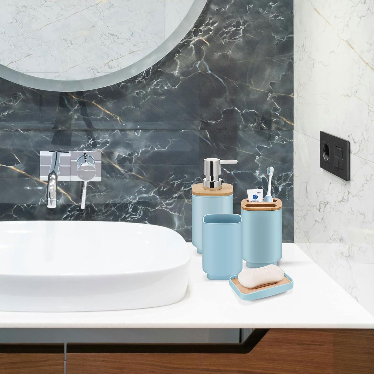 IMAVO Bathroom Accessories Set,Blue Bathroom Set,11 Pieces Bathroom Accessory Set,Trash Can for Bathroom Accessories Décor and Housewarming Gifts