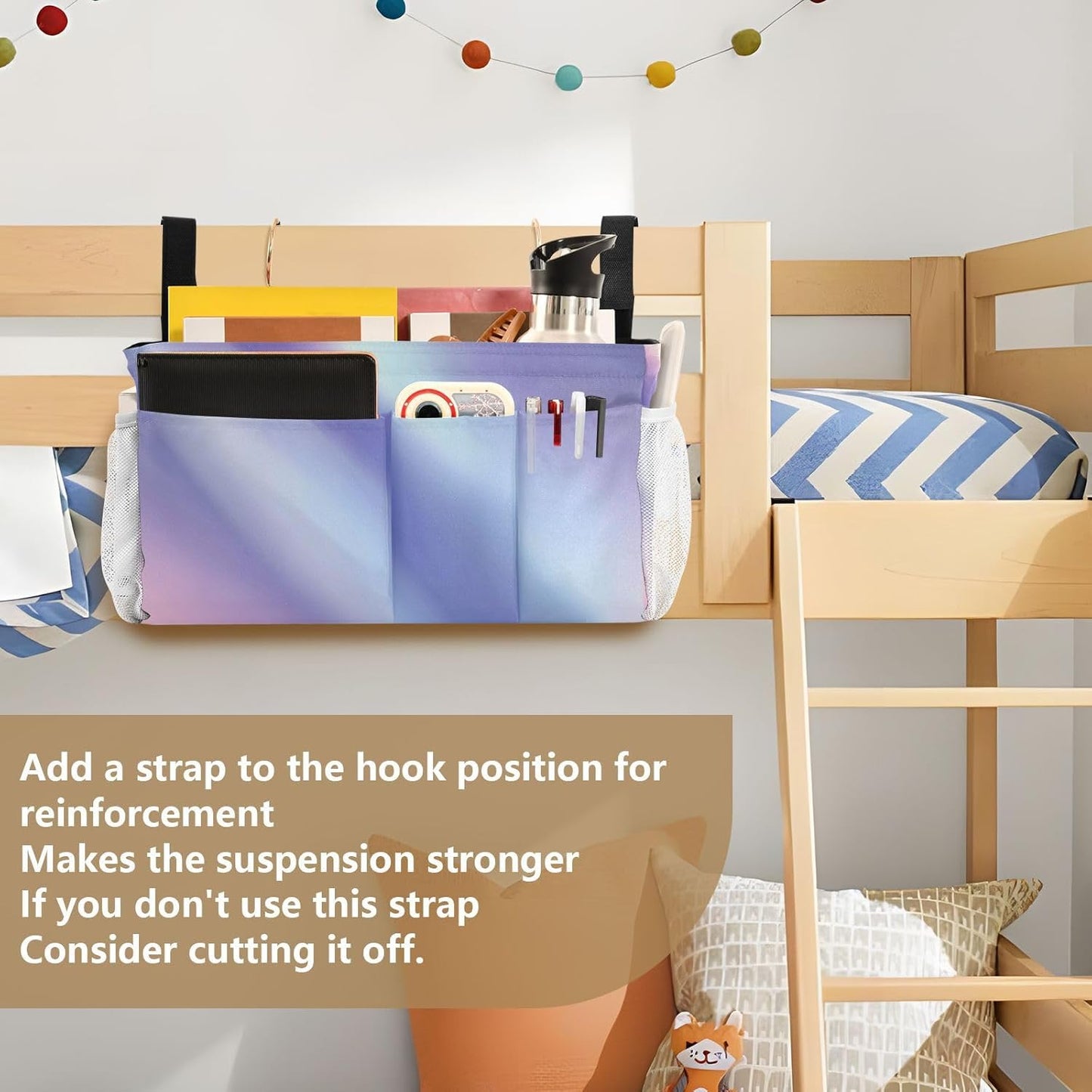 Purple Blue Gradient Bedside Caddy for Dorm Bed Bedside Hanging Caddy Bag Iron Frame Storage Organizer Pocket for Bunk Home College Hospital Beds 2 Hooks