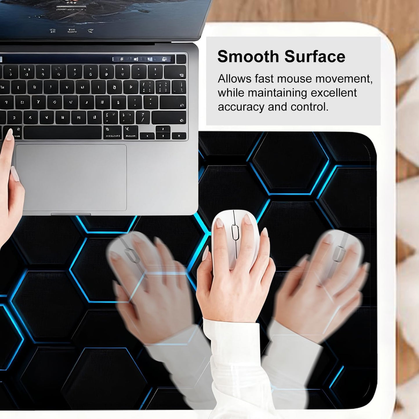 Gaming Mouse Pad – Large Extended Desk Mat 31.5 x 11.8 in– Futuristic Black Honeycomb Design with Blue Glow, Non-Slip Base, Waterproof Surface, Keyboard & Mouse Pad for Gaming or Office