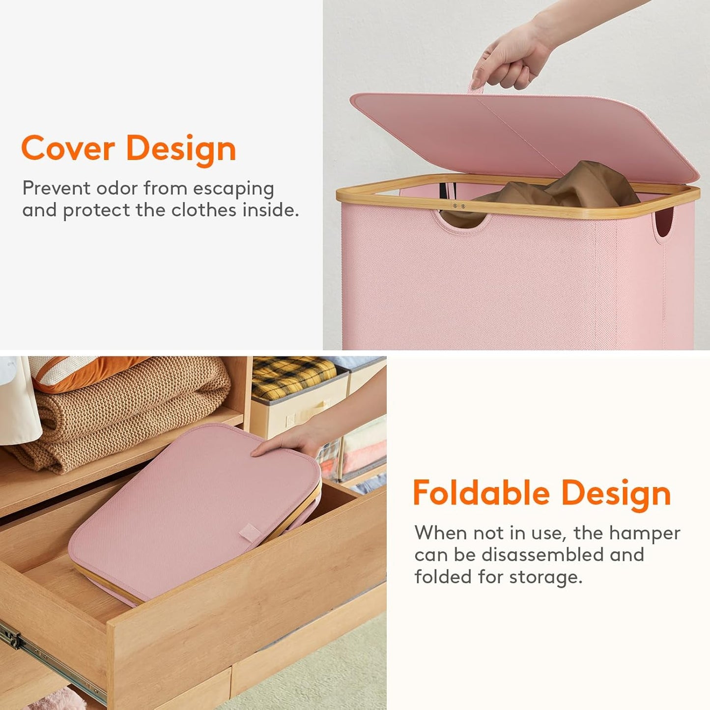 Lifewit 150L Laundry Basket with Lid, Clothes Hampers for Laundry with Bamboo Handles and 2 Removable Bags, Large Foldable Laundry Hamper for Bedroom, Bathroom, Dorm, Pink