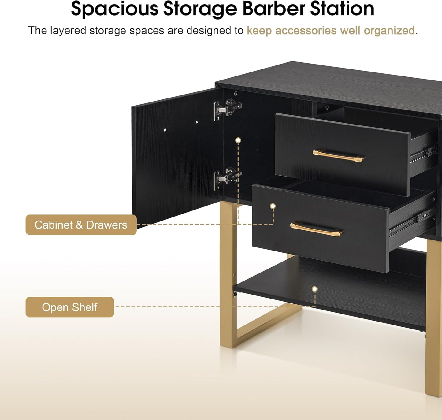 BarberPub Beauty Barber Station, Spa Wall Mount Storage Cabinet, Styling Salon Equipment for Hair Stylist, Bathroom Dresser with Drawers & Shelf 3185 (Black)