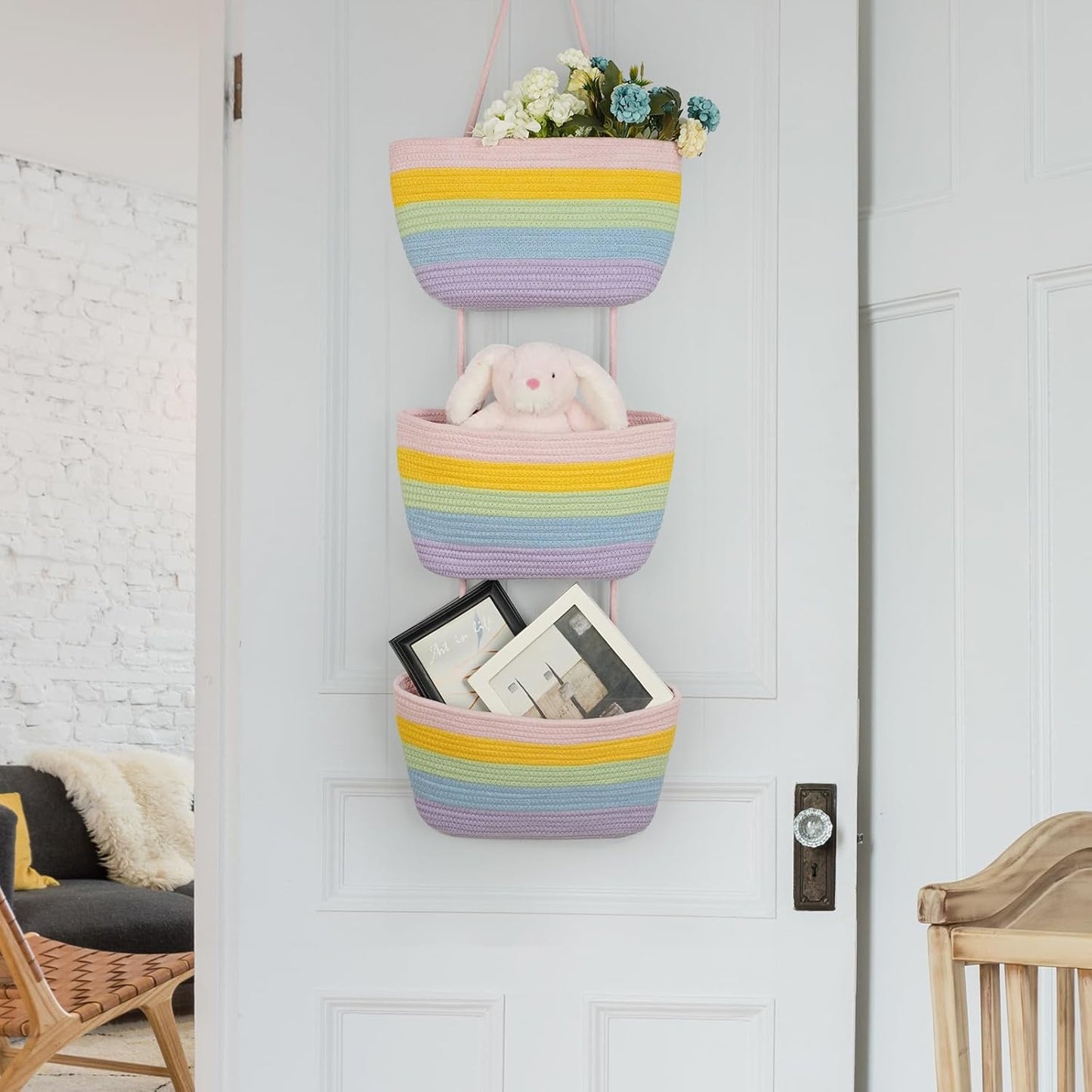 TeoKJ Over the Door Organizer, 3-Tier Woven Cotton Hanging Storage Baskets, Wall-Mounted Baskets for Nursery Organization, Rainbow