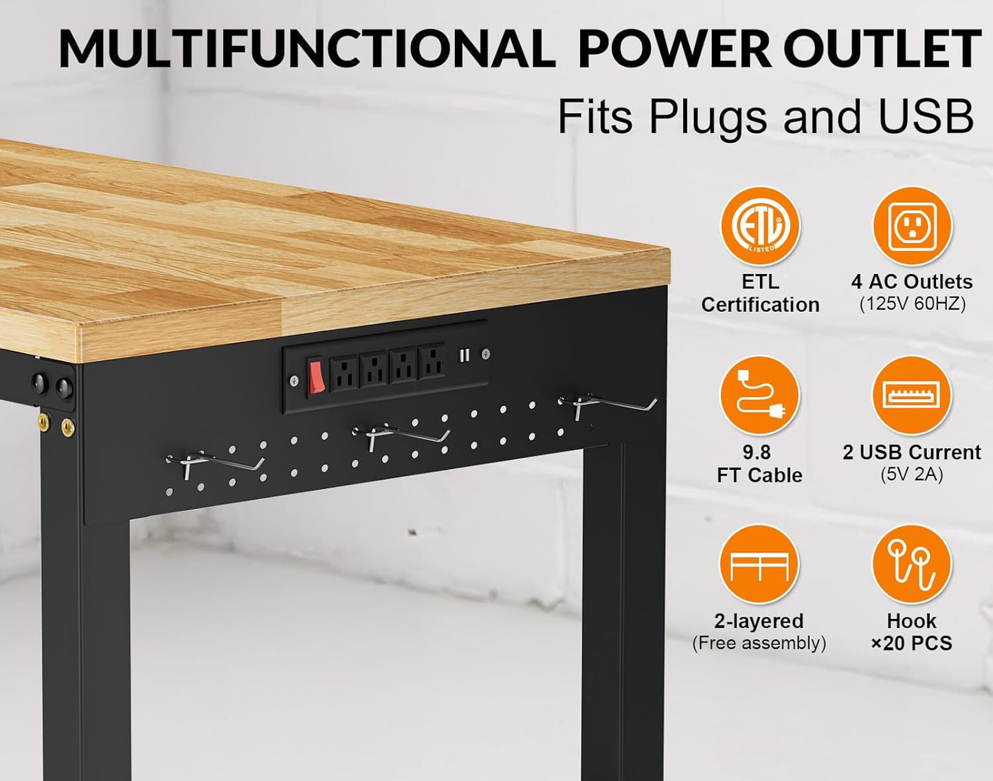 96” Heavy Duty Work Bench, 2-Layer Adjustable Workbench, 5000 LBS Capacity Work Bench with Power Outlet & Pegboard, Rubber Wood Work Table for Garage, Workshop, Office, Home