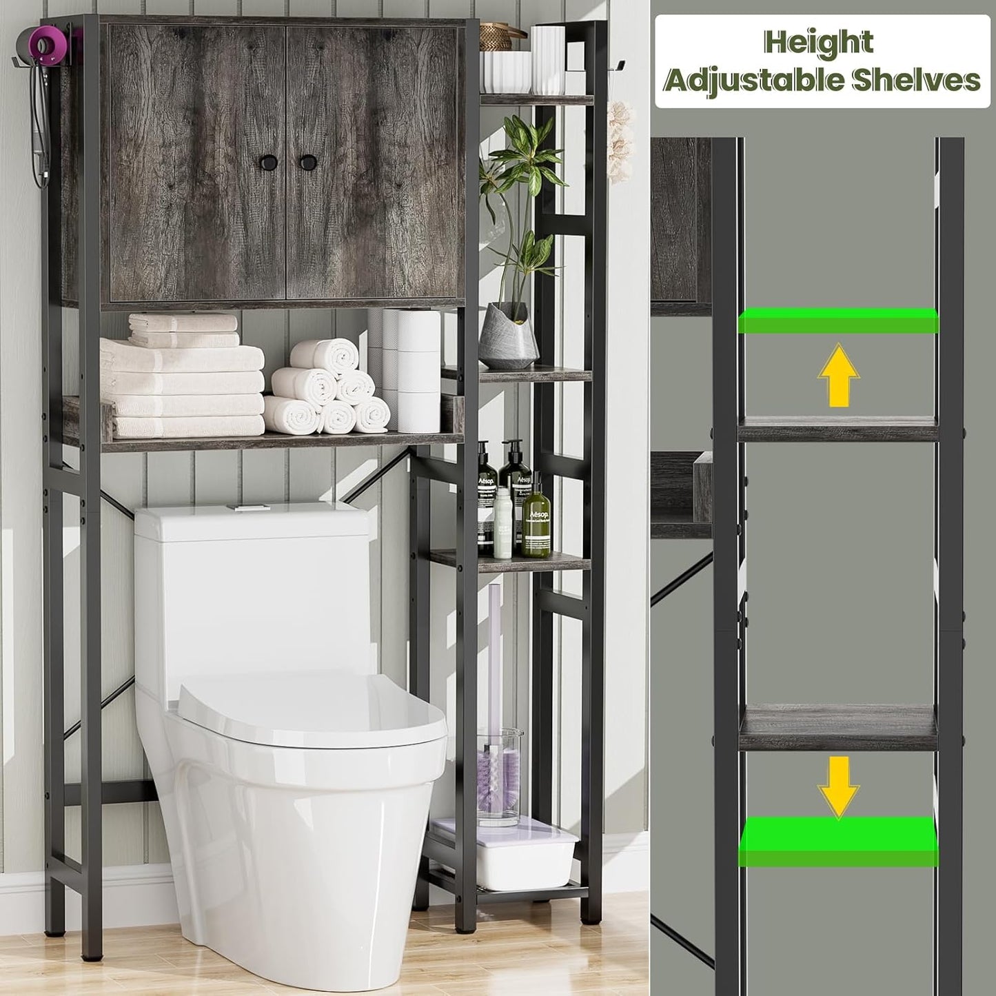 Over The Toilet Storage Cabinet with Doors - 7 Tier Bathroom Organizer with Adjustable Shelf, Freestanding Space Saver Rack Above Toilet Stand with 4 Hooks for Bathroom, Restroom, Laundry, Grey Oak