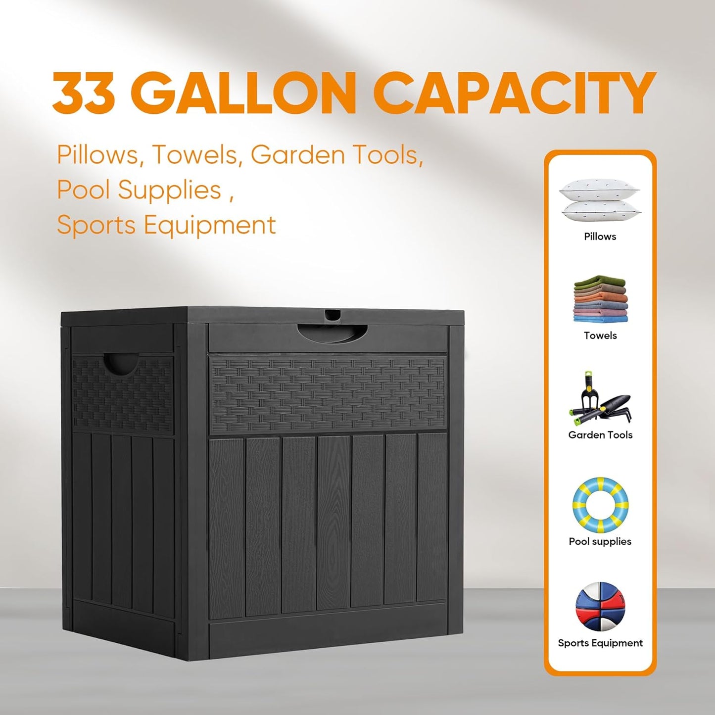 ZYJOYY 33 Gallon Resin Deck Box, Weatherproof Outdoor Storage Box for Patio, Garden, Pool, and Yard, Lockable Waterproof Bin for Tools, Cushions, and Accessories, Black