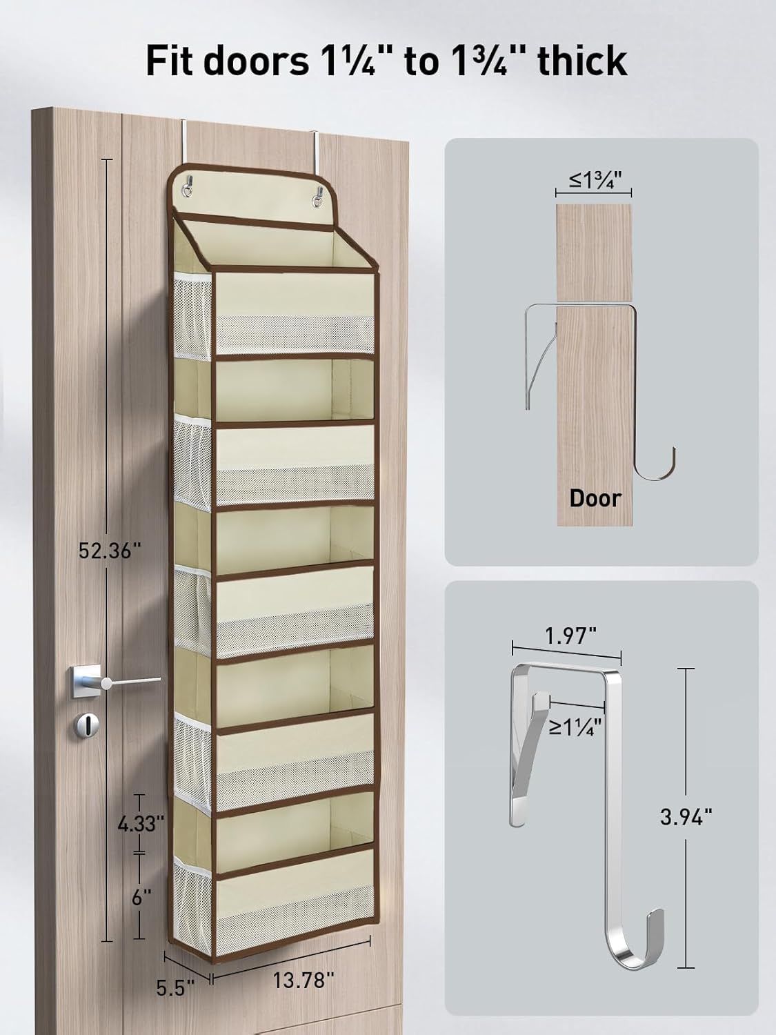 Yecaye 2 Pc Over the Door Organizer with 5 Bins 10 Side Pockets, 44lbs Load Hanging Bathroom and Bedroom Organizer, behind the Door Hanging Organizers for Nursery Newborn Baby Essential Stuff Beige