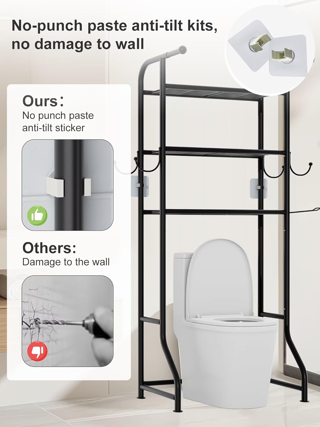 3-Tier Over The Toilet Storage Shelf,Bathroom Organizers and Storage Over Toilet,Metal Bathroom Space Saver with 2 Bars,1 Paper Holder and 4 Hooks,Black