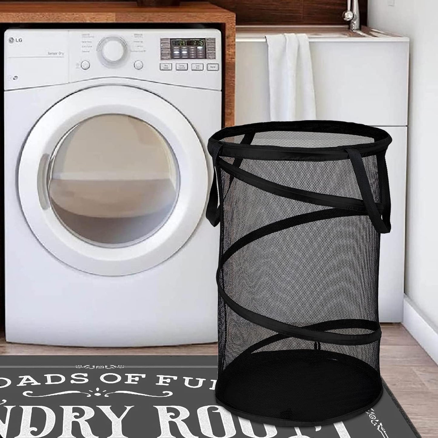 BATTOO Collapsible Laundry Basket Foldable Mesh Pop Up Hamper with Handles for Laundry Room, Bathroom, Kids Room, College Dorm, Travel, Storage Organizer Black