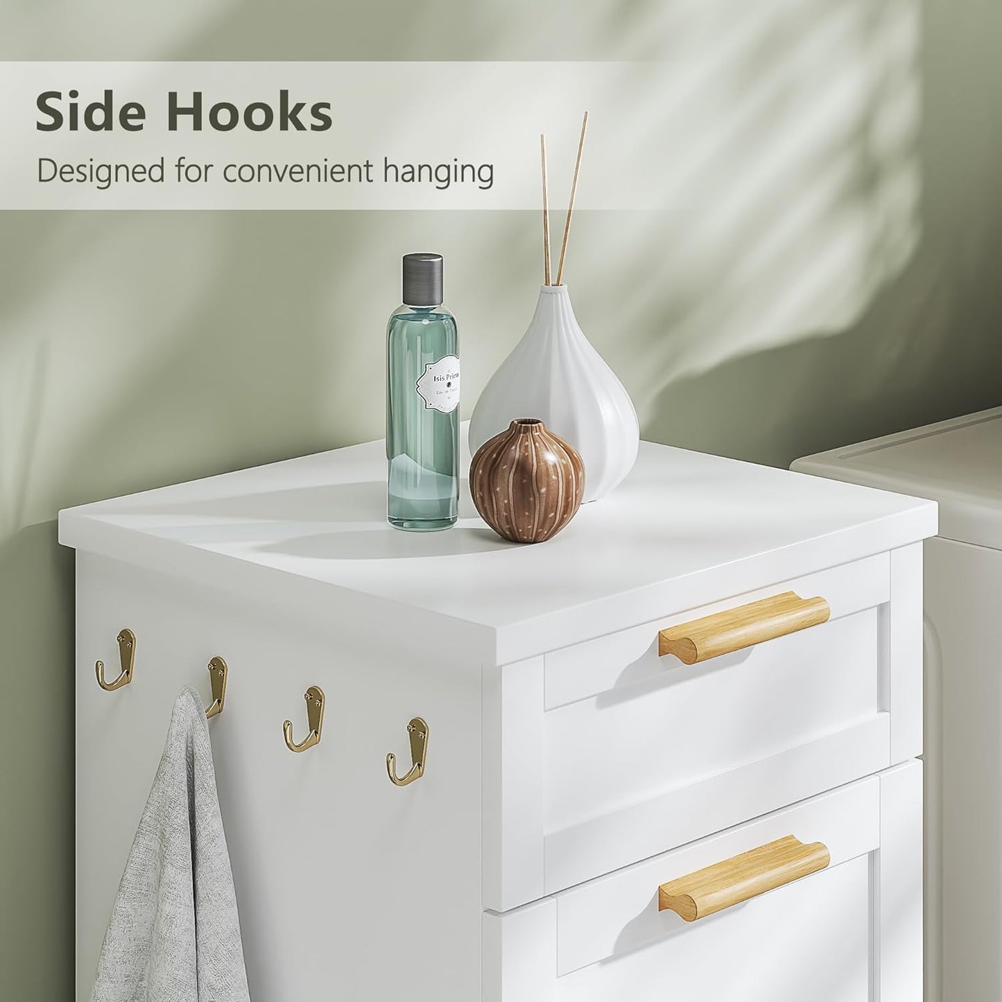 VECELO Tilt Out Laundry Hamper, 35" Bathroom Cabinet with Hidden Removable Basket, 1 Drawer and 4 Side Hooks for Storage, White