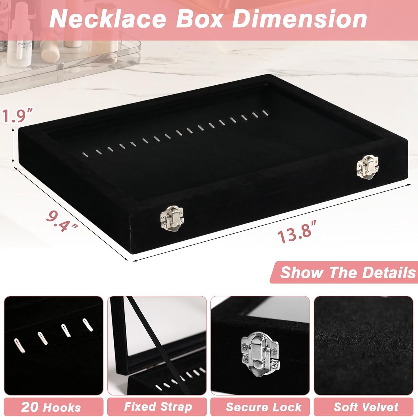 Cirhy Necklace Organizer Box, Anti-Tarnish Jewelry Box & Dustproof Necklace Case, Velvet Jewelry Tray for Drawer Storage, Tangle-Free Jewelry Organizer with Clear Lid, Christmas Gift for Women & Girls