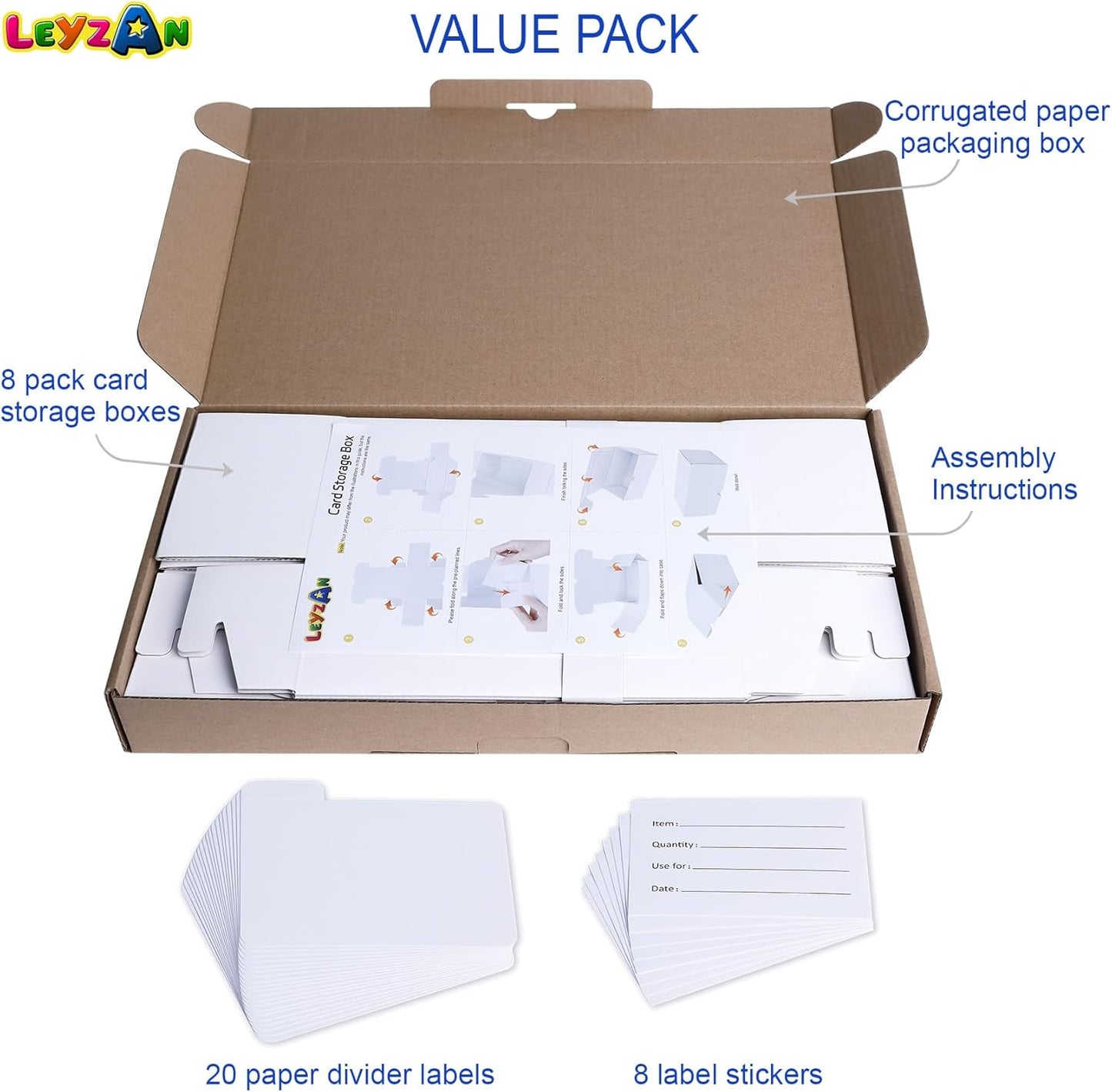 Trading-Card Storage Box, 8-Pack • 400 Count Corrugated Cardboard Storage Box with dividers & labels for TCG/Magic/Mtg storage and Collection, Horizontal